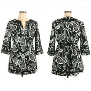 Rochas Paris Tunic Top Split Neck‎ Long Sleeve Paisley Print Tie Waist Blk Sz XL